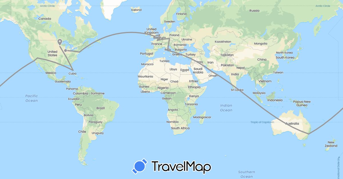 TravelMap itinerary: driving, plane in United Arab Emirates, Australia, Czech Republic, France, United Kingdom, Italy, Netherlands, United States (Asia, Europe, North America, Oceania)